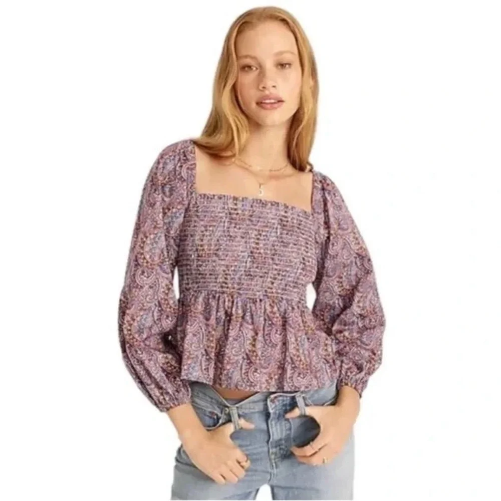 J. Crew Liberty Fabric Puff-sleeve smocked Top Tropical Prince Print Size 2X